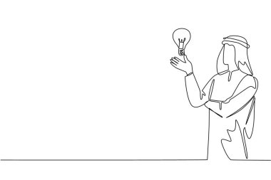 Aralıksız bir çizgi halinde Arap adam yükselir ve palmiye üzerinde ampul yüzen bir avuç içi açar. Kritik düşünce. Bir fikrim var. Zekice. Akıllıca. Ulusal Yaratıcılık Günü. Tek çizgi çizimi tasarım vektör çizimi