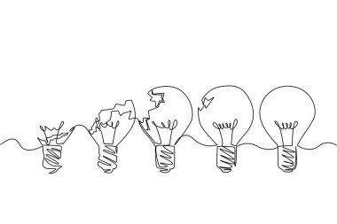 Tek sıra halinde 5 ampul çekiyor ve 4 tanesi farklı hasarlara sahip. Zihnini geliştir. Daha zeki ol. Dikkatlice düşün. Ulusal Yaratıcılık Günü. Bir çizgi tasarımı vektör illüstrasyonu
