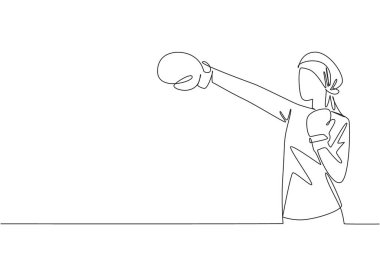 Kanserden kurtulan bir kadını sürekli çeken tek çizgi boks eldivenleri ve yumruklar takar. Güçlü kadınların sembolizmi. Acıya karşı savaş. Ulusal Kanser Kurtulanlar Günü. Bir çizgi tasarımı vektör illüstrasyonu