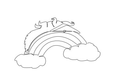 Bulutlu bir gökkuşağı üzerinde uyuyan sevimli dev karıncayiyen hayvan çizimi. Doğa konsepti, Dünya Karınca Yeme Günü teması, çocuk kitabı kapağı için şirin bebek odası çizimi
