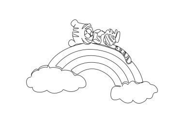 Çekici ve oyuncu bebek kaplanın durmaksızın çizdiği çizgi yumuşak bulutlarla kaplı gökkuşağı kavisinde rahat bir şekilde uyukluyor. Çocuk kıyafetleri için doğa memelisi kavramı