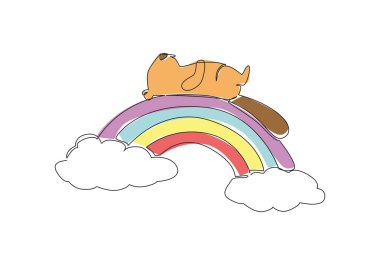 Tuhaf inşaatçı kahverengi kunduzun tek çizgi çizimi iki yumuşak, beyaz bulut arasındaki canlı gökkuşağı kavisinde sırtüstü dinleniyor. Uluslararası Kunduz Günü için doğa konsepti nehir hayvan teması