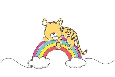 Sevimli vahşi hayvan teması için tek çizgi doğa konsepti, gökkuşağının üzerinde rahatça dinlenen bir çita yavrusu, safari çocuk odası dekoru ve Uluslararası Çita Günü için mükemmel bir sanat eseri..