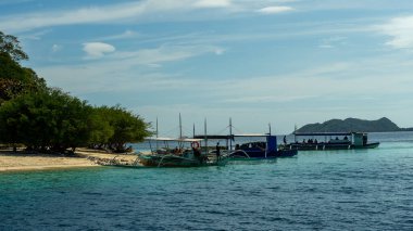 Güzel plajlar ve Filipinler 'de zıplayan tekneler. Geleneksel Filipin tekneleri, banca. Yüksek kalite fotoğraf