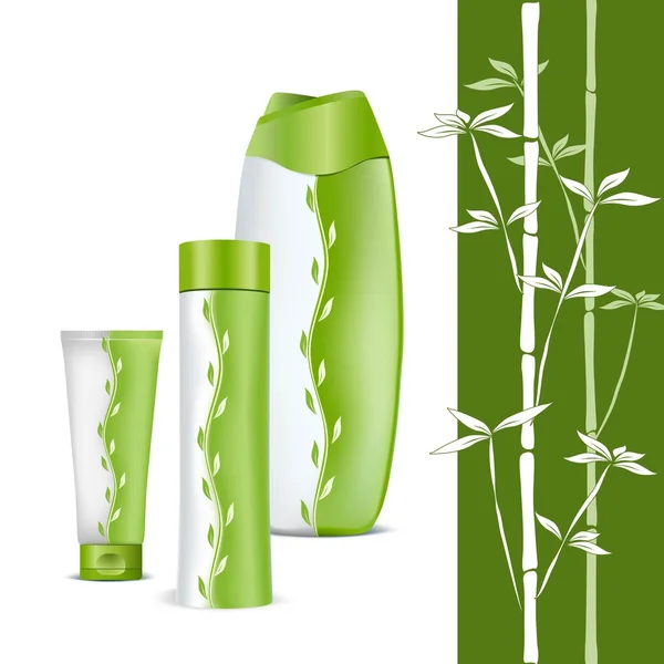 Eco-cosméticos naturais. Conjunto para cuidados com o corpo em um pa verde e branco — Vetor de Stock