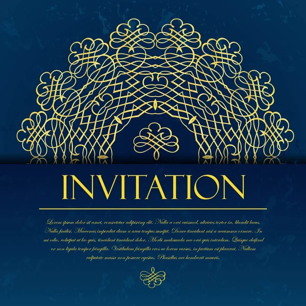 Carte d'invitation élégante décorative bleue avec ornement en or et — Image vectorielle