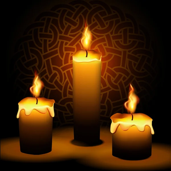 Three candles lit in the dark — Stock Vector