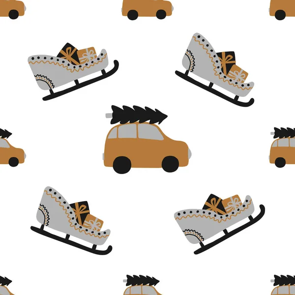Seamless Merry Christmas pattern of repeating elements - a gold car carries a spruce on the roof and a holiday sleigh with gifts. Vector illustration in scandinavian style of hand drawing. For print Royalty Free Stock Illustrations