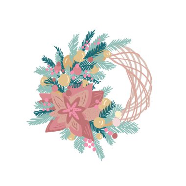 Yeni yıl tebrik kartı. Kış çiçekli Noel çelengi. Beyaz arkaplanda düz biçimdeki vektör illüstrasyonu.