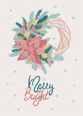 Yeni yıl tebrik kartı ya da afişi. Kış çiçekli Noel çelengi. Beyaz arkaplanda düz biçimdeki vektör illüstrasyonu.