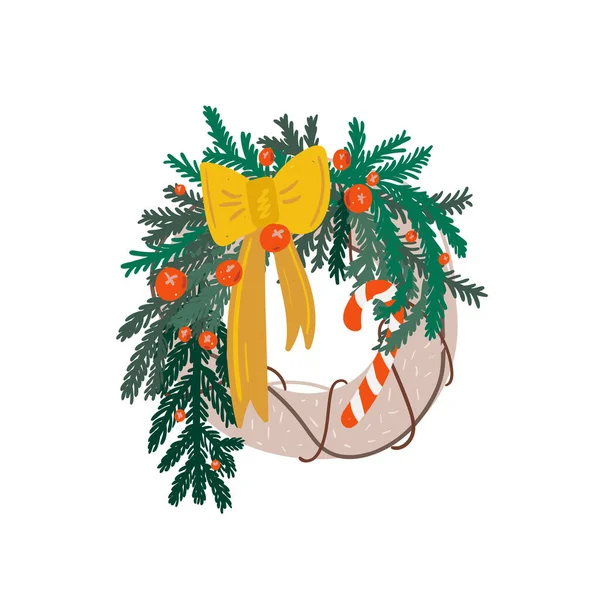 Новогодняя Открытка Рождественский Венок Элементами Зимних Цветов Векторная Иллюстрация Плоском — стоковый вектор