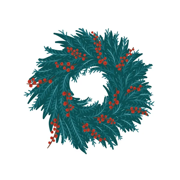 Новогодняя Открытка Рождественский Венок Элементами Зимних Цветов Векторная Иллюстрация Плоском — стоковый вектор