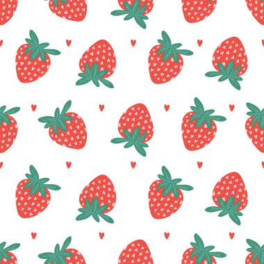 Kalpli ve çilekli kusursuz vektör deseni. Sevgililer Günü için aşk geçmişi. Kumaş veya ambalaj kağıdı için kusursuz, parlak romantik tasarım.