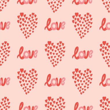 Kalpli, harfi harfine kusursuz vektör deseni. Sevgililer Günü için aşk geçmişi. Kumaş veya ambalaj kağıdı için kusursuz, parlak romantik tasarım.