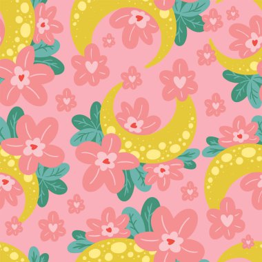 Kalpli ve uydulu kusursuz vektör deseni. Sevgililer Günü için aşk geçmişi. Kumaş veya ambalaj kağıdı için kusursuz, parlak romantik tasarım.