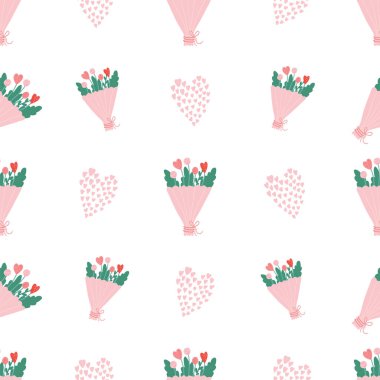 Kalpli ve çiçekli kusursuz vektör deseni. Sevgililer Günü için aşk geçmişi. Kumaş veya ambalaj kağıdı için kusursuz, parlak romantik tasarım.
