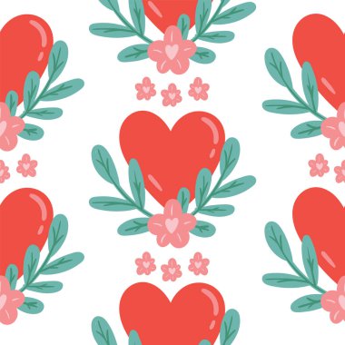 Kalpli kusursuz vektör deseni. Sevgililer Günü için aşk geçmişi. Kumaş veya ambalaj kağıdı için kusursuz, parlak romantik tasarım.