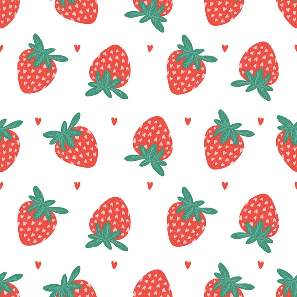Kalpli ve çilekli kusursuz vektör deseni. Sevgililer Günü için aşk geçmişi. Kumaş veya ambalaj kağıdı için kusursuz, parlak romantik tasarım.