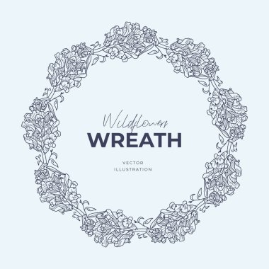 El çizimi vektör yuvarlak çerçeve. Yapraklı, böğürtlenli, ağaç dallı çelenk tasarım için dekoratif elementler. Mürekkep, antika ve kırsal tarzlar.