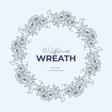 El çizimi vektör yuvarlak çerçeve. Yapraklı, böğürtlenli, ağaç dallı çelenk tasarım için dekoratif elementler. Mürekkep, antika ve kırsal tarzlar.