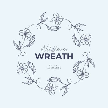 El çizimi vektör yuvarlak çerçeve. Yapraklı, böğürtlenli, ağaç dallı çelenk tasarım için dekoratif elementler. Mürekkep, antika ve kırsal tarzlar.