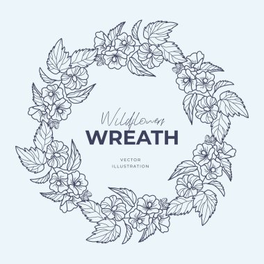 El çizimi vektör yuvarlak çerçeve. Yapraklı, böğürtlenli, ağaç dallı çelenk tasarım için dekoratif elementler. Mürekkep, antika ve kırsal tarzlar.