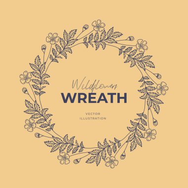 El çizimi vektör yuvarlak çerçeve. Yapraklı, böğürtlenli, ağaç dallı çelenk tasarım için dekoratif elementler. Mürekkep, antika ve kırsal tarzlar.