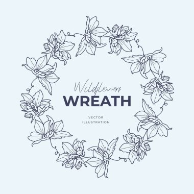 El çizimi vektör yuvarlak çerçeve. Yapraklı, böğürtlenli, ağaç dallı çelenk tasarım için dekoratif elementler. Mürekkep, antika ve kırsal tarzlar.