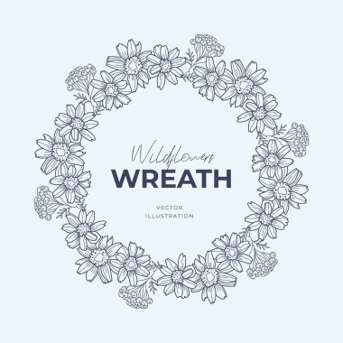 El çizimi vektör yuvarlak çerçeve. Yapraklı, böğürtlenli, ağaç dallı çelenk tasarım için dekoratif elementler. Mürekkep, antika ve kırsal tarzlar.