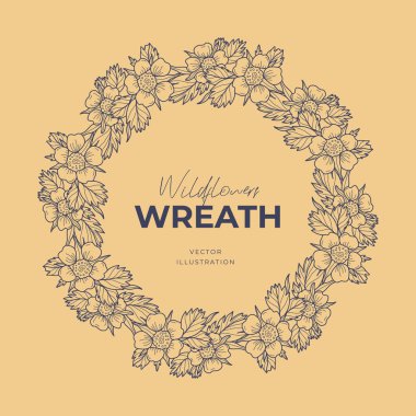 El çizimi vektör yuvarlak çerçeve. Yapraklı, böğürtlenli, ağaç dallı çelenk tasarım için dekoratif elementler. Mürekkep, antika ve kırsal tarzlar.