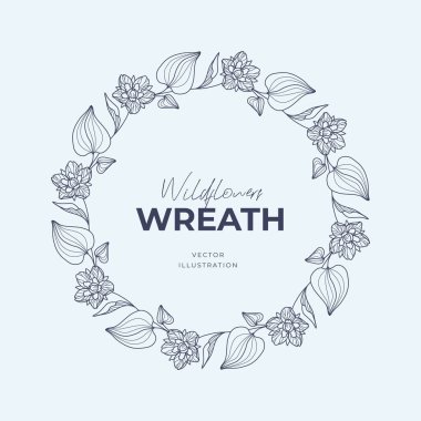 El çizimi vektör yuvarlak çerçeve. Yapraklı, böğürtlenli, ağaç dallı çelenk tasarım için dekoratif elementler. Mürekkep, antika ve kırsal tarzlar.