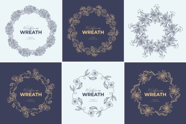 El çizimi vektör yuvarlak çerçeve. Yapraklı, böğürtlenli, ağaç dallı çelenk tasarım için dekoratif elementler. Mürekkep, antika ve kırsal tarzlar.