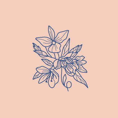 Soyut Çiçek Vektör İşaretleri veya Logo Şablonları. Klasik tipografi ile Retro Floral Illustration. Kadın logosu. Çiçekçi, fotoğrafçı, moda blogcusu, tasarım stüdyosu için Modern Logo Şablonu.