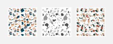 Renkli Venedik terrazzo taklidi kusursuz desen. Taş parçalı gerçekçi mermer dokusu. İç dekorasyon için modern minimalist döşeme taşı. Moda soyut vektör çizimi.