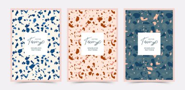 Pastel renkli terrazzo desenli modern soyut tasarım şablonları. Yaratıcı dergi kapakları, düğün davetiyeleri, el ilanları, tebrik kartları, ambalaj ve marka tasarımı.
