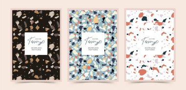 Pastel renkli terrazzo desenli modern soyut tasarım şablonları. Yaratıcı dergi kapakları, düğün davetiyeleri, el ilanları, tebrik kartları, ambalaj ve marka tasarımı.