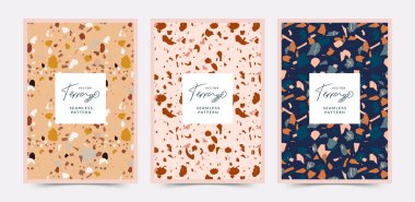 Pastel renkli terrazzo desenli modern soyut tasarım şablonları. Yaratıcı dergi kapakları, düğün davetiyeleri, el ilanları, tebrik kartları, ambalaj ve marka tasarımı.