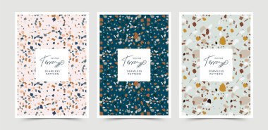 Pastel renkli terrazzo desenli modern soyut tasarım şablonları. Yaratıcı dergi kapakları, düğün davetiyeleri, el ilanları, tebrik kartları, ambalaj ve marka tasarımı.
