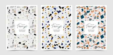Pastel renkli terrazzo desenli modern soyut tasarım şablonları. Yaratıcı dergi kapakları, düğün davetiyeleri, el ilanları, tebrik kartları, ambalaj ve marka tasarımı.
