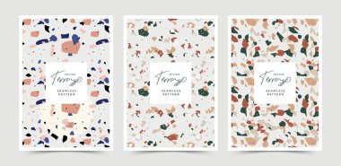Pastel renkli terrazzo desenli modern soyut tasarım şablonları. Yaratıcı dergi kapakları, düğün davetiyeleri, el ilanları, tebrik kartları, ambalaj ve marka tasarımı.