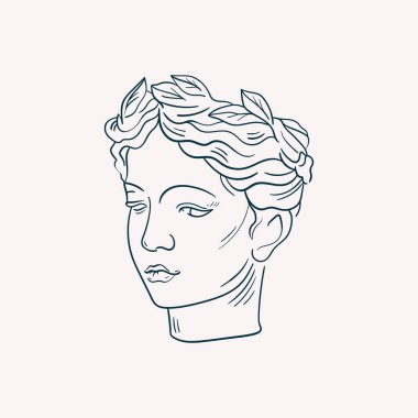 Antik tanrıça heykellerinin başlarının doğrusal çizimleri ve oyma tarzında mitolojik tanrı. Kafasında büyüyen dalla yaratıcı asgari doğrusal kadın vektörü.