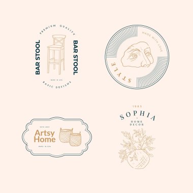 Sweet Home Vector İşaretleri veya Logo Şablonları Ayarlandı. Klasik tipografi ile Retro Illustration. Kadın logosu. Çiçekçi, fotoğrafçı, moda blogcusu, tasarım stüdyosu için Modern Logo Şablonu.