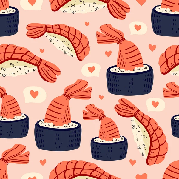 Sushi Seamless Pattern Japanese Food Vector Illustration Funny Colored Typography — Stock Vector