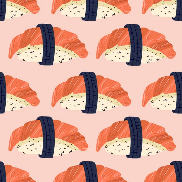 寿司のシームレスなパターン 日本食 ベクトルイラスト 面白い色のタイポグラフィポスター アパレルプリントデザイン バーやインテリアのための北欧ノルディックデザイン カバーや織物や背景 — ストックベクタ