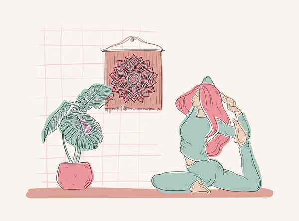 在家里做瑜伽活动的妇女 用矢量学习课堂距离图解 在科罗纳病毒流行期间 待在家里 在自我隔离和社交场合要做的事情 — 图库矢量图片
