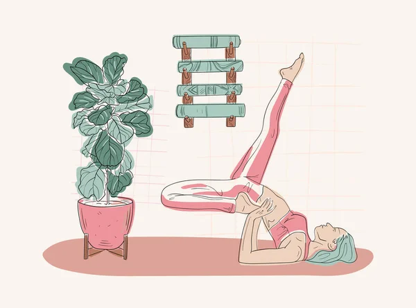 Kadınlar Evde Yoga Yapıyor Vektörlerle Sınıf Uzaklığı Çizimi Çalışıyor Evde — Stok Vektör