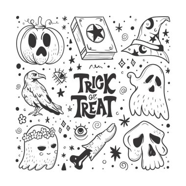 Cadılar Bayramı Tasarım Elementleri Seti. El Çizimi Çizimi Karikatür. Vektör çizimi. Sosyal madia gönderisini şablon