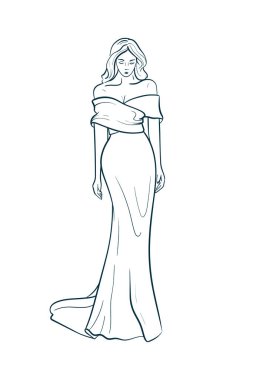 Gelinlik, gelin. Trend vektör illüstrasyonu. Doğrusal sanat. Düğün ajansları, fotoğrafçılar, hukuk dükkanları, çiçekçiler, pastaneler için ikon