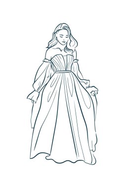 Gelinlik, gelin. Trend vektör illüstrasyonu. Doğrusal sanat. Düğün ajansları, fotoğrafçılar, hukuk dükkanları, çiçekçiler, pastaneler için ikon