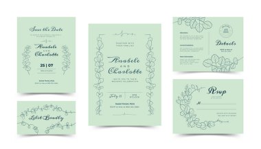 Çizgili sanat yaprağı ve brunch 'lı bir kart seti. Düğün süsü konsepti. Çiçek posteri, davet. Vektör dekoratif tebrik kartı, davet tasarım arkaplanı